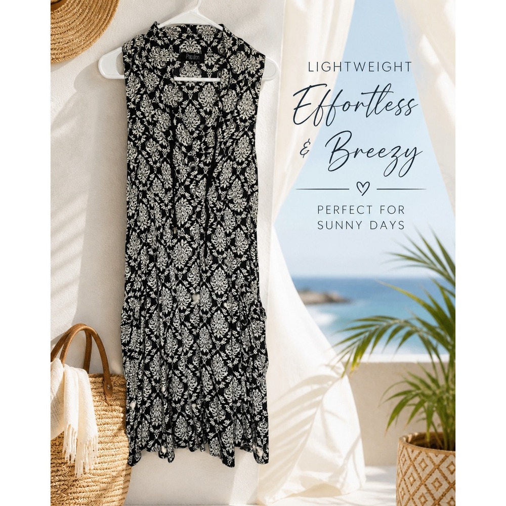 Papillon Black Ivory Damask Sleeveless Midi Dress M Boho Vacation Summer